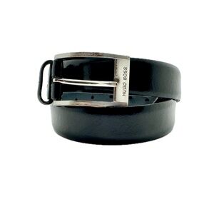 Hugo Boss Gellot Black Leather Belt Silver Hardware Rectangle Buckle Size 36